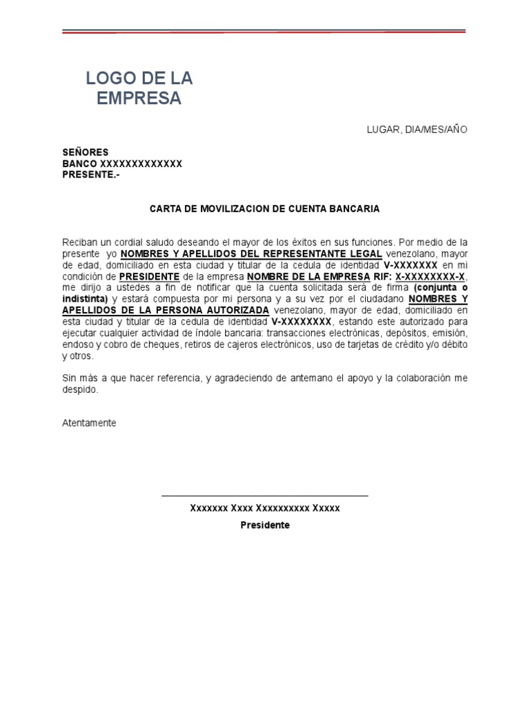 Ejemplo de Carta de Movilizacion Bancaria