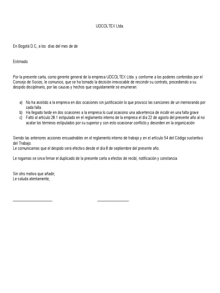 Carta De Despido Sin Firmar Por La Empresa Compartir Carta