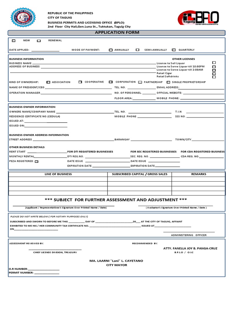Taguig Business Permit Application Form | PDF