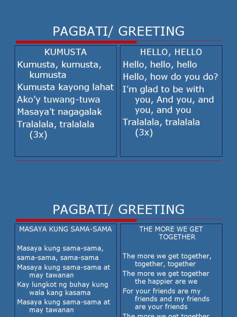 Tagalog Children's Songs and Greetings | PDF | Foreign Language Studies