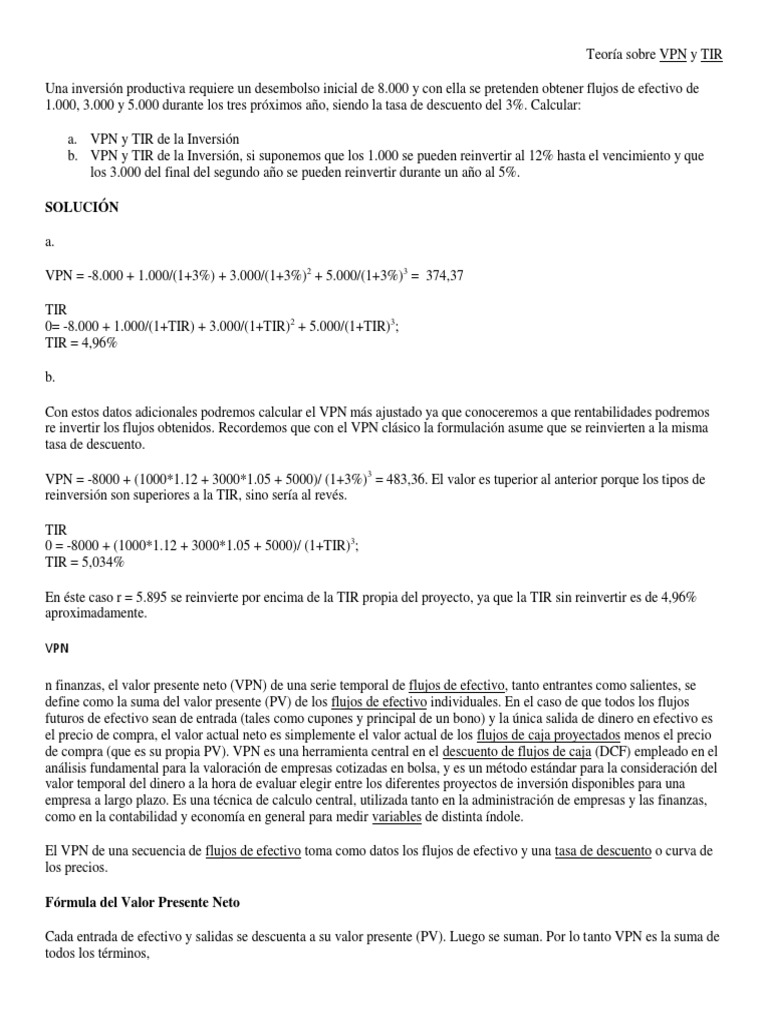 Teoría Sobre VPN y TIR | PDF | Valor presente neto | Tasa interna de ...