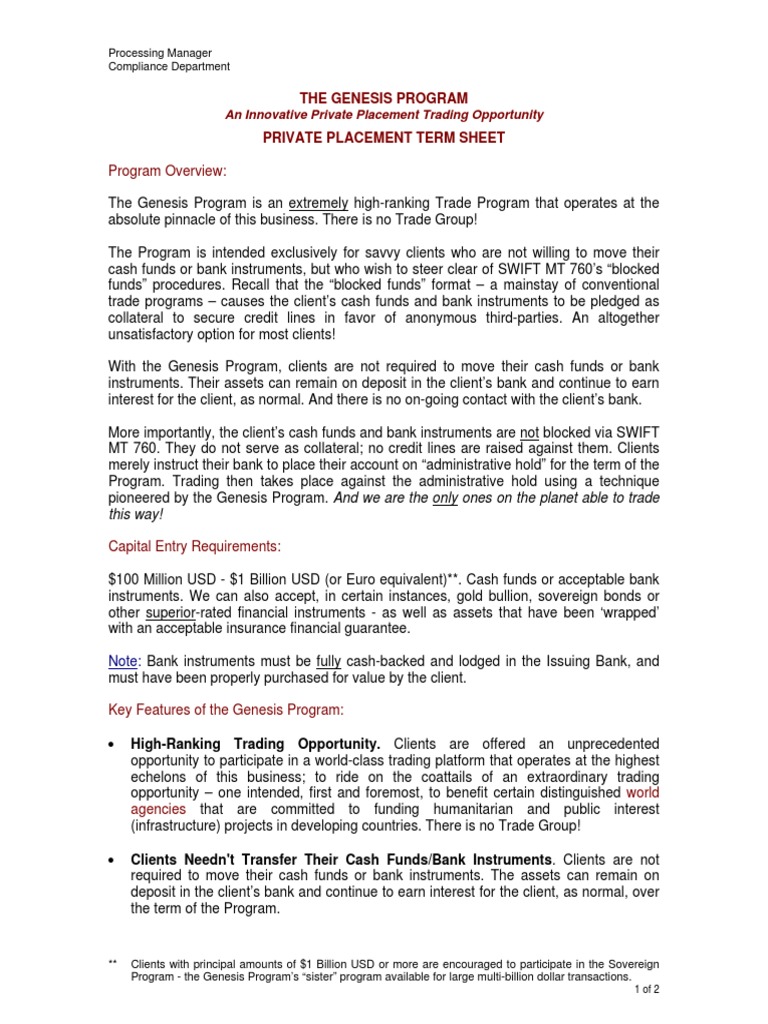 Private Placement Term Sheet PDF Credit (Finance) Line Of Credit