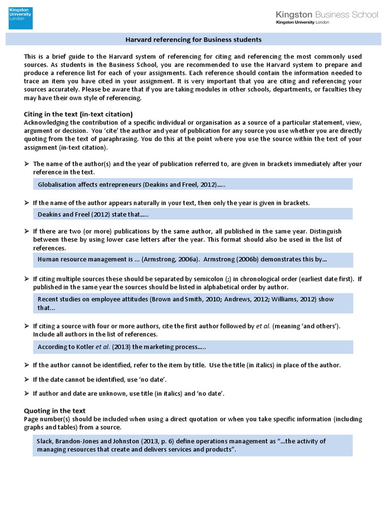 Harvard Referencing For Kingston Business School Students Citation Publishing