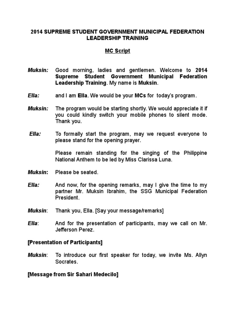 Emcee Script 2014 Supreme Student Government Municipal Federation Leadership Training Pdf Leisure