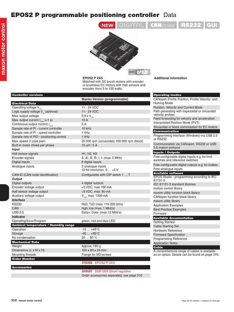 Maxon EPOS2 P Motor Controller Data | PDF | Usb | Input/Output
