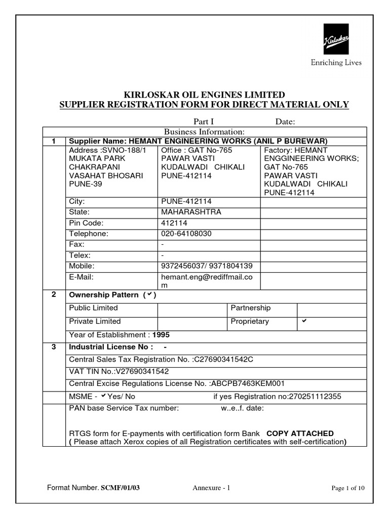 Supplier Registration Form for Direct Materials | PDF | Calibration ...