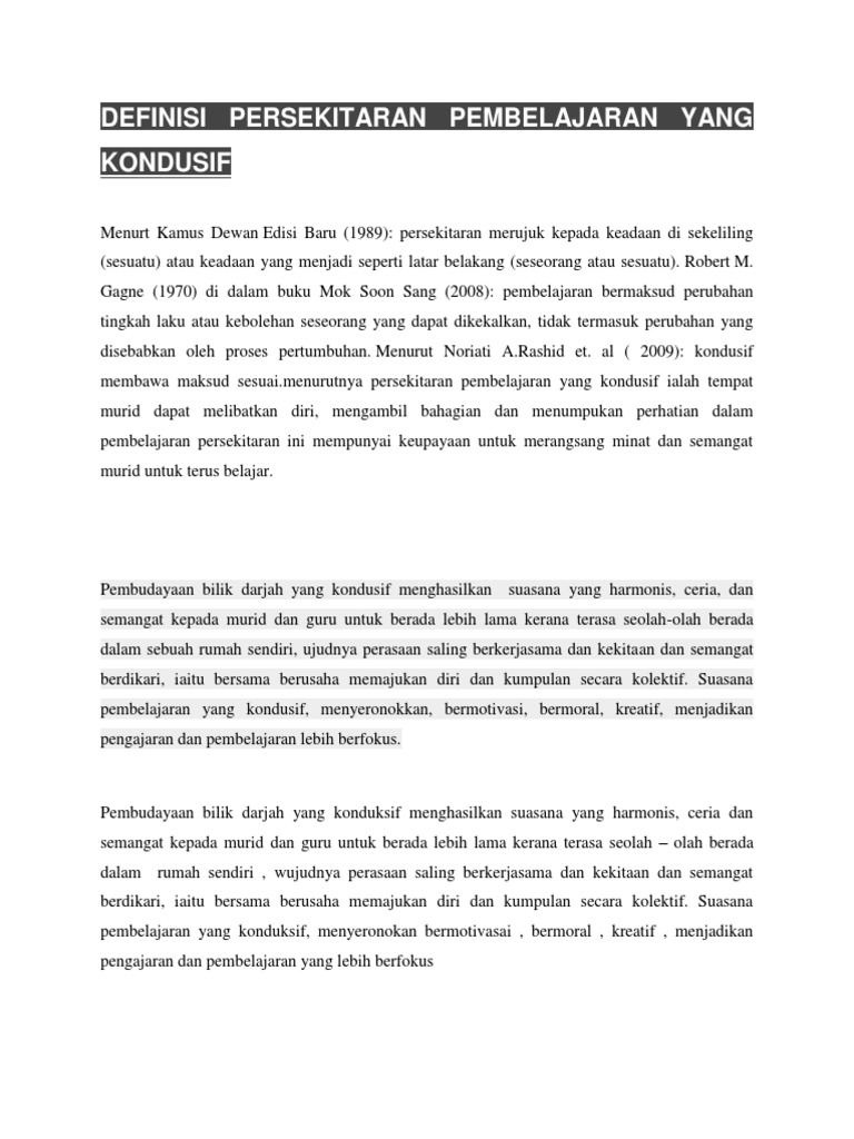 Definisi Persekitaran Pembelajaran Yang Kondusif Pdf