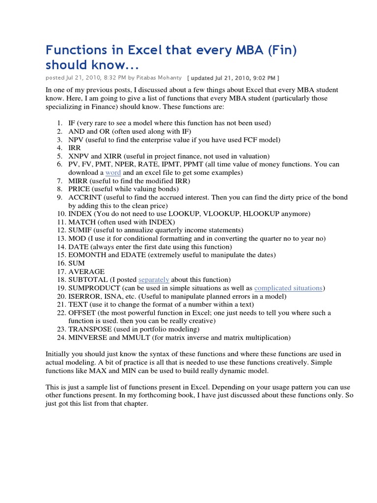 Functions in Excel That Every MBA | PDF