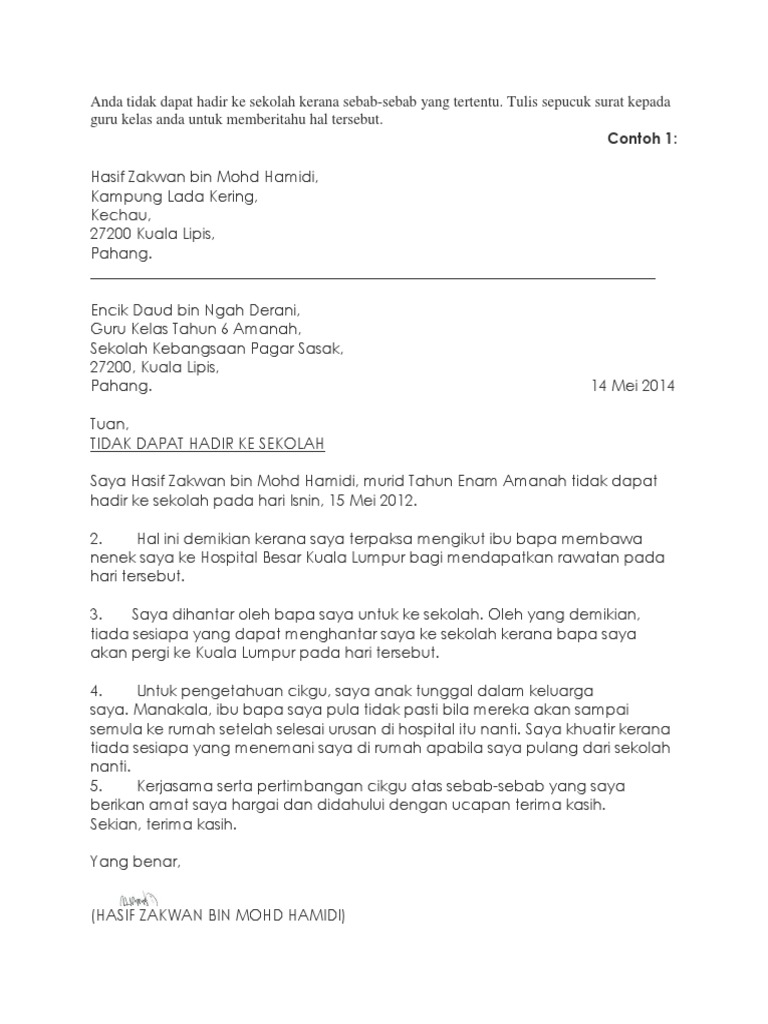 Contoh Surat Kiriman Rasmi Tidak Hadir Ke Sekolah Kerana 