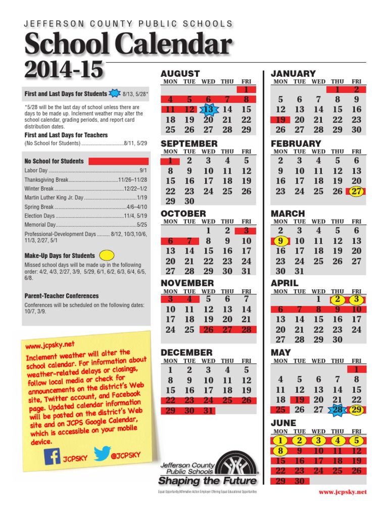 JCPS 2014-15 Calendar | PDF | Preschool | Child Care