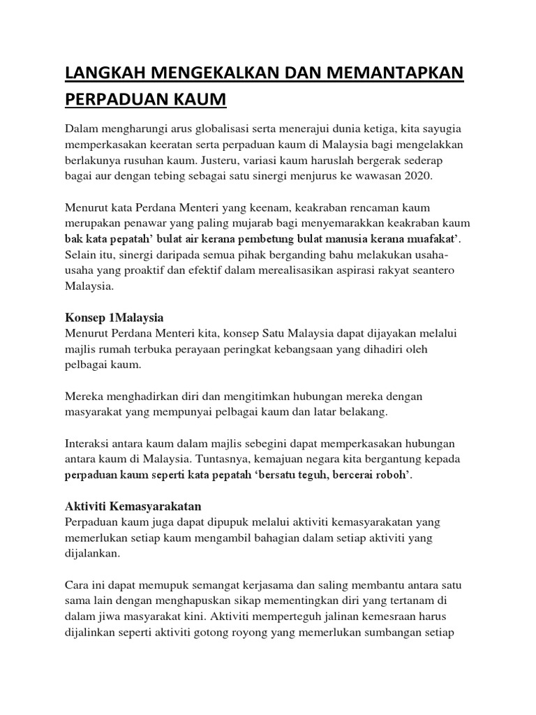 Langkah Mengekalkan Dan Memantapkan Perpaduan Kaum Pdf