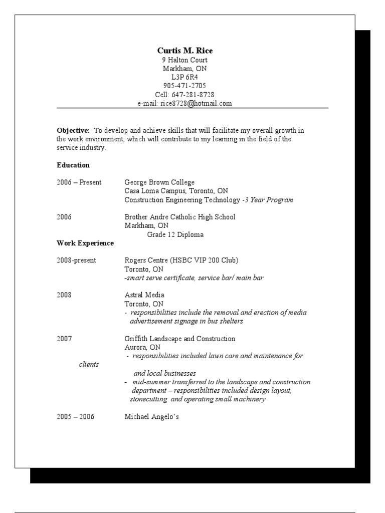 Curtis M. Rice: Service Industry Resume | PDF | Toronto | Business