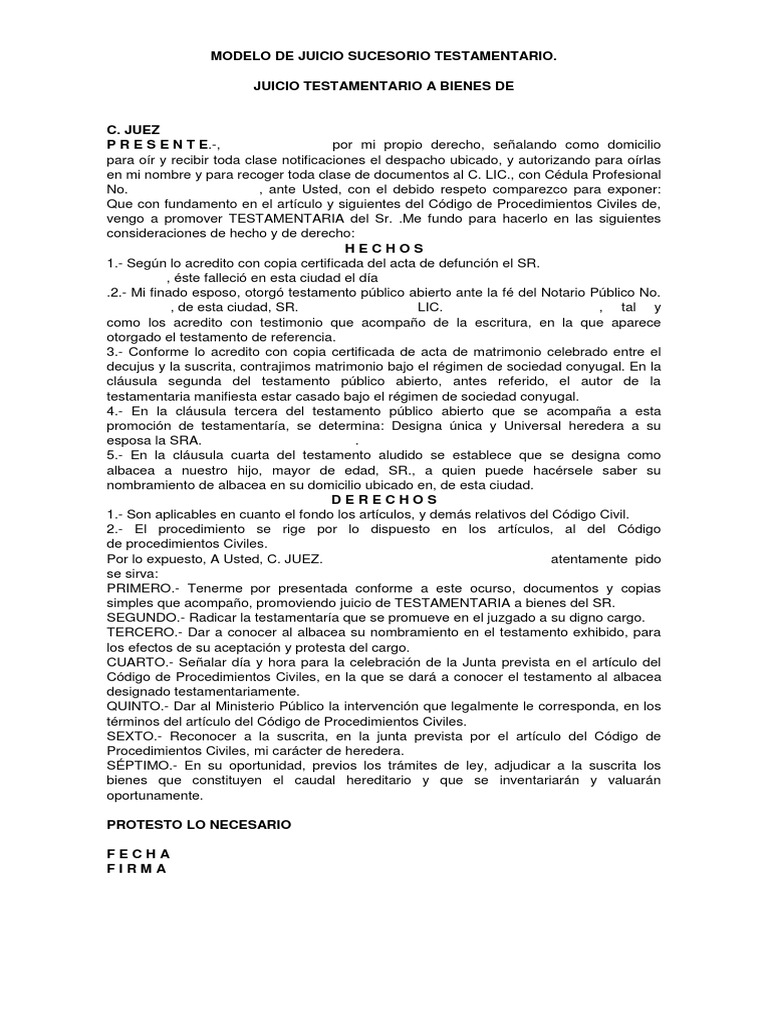 Modelo de Juicio Sucesorio Testamentario Voluntad y testamento