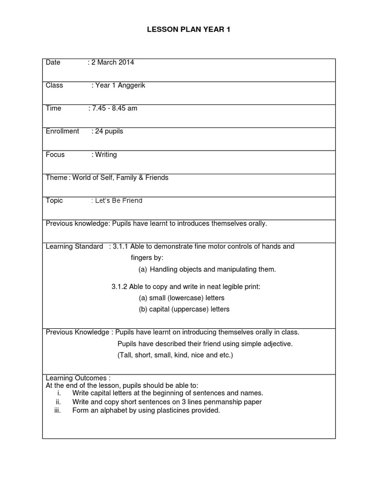 Year 1 Writing Lesson Plan: Friendship | PDF | Letter Case | Lesson Plan