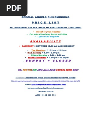 special angels childminding business hours