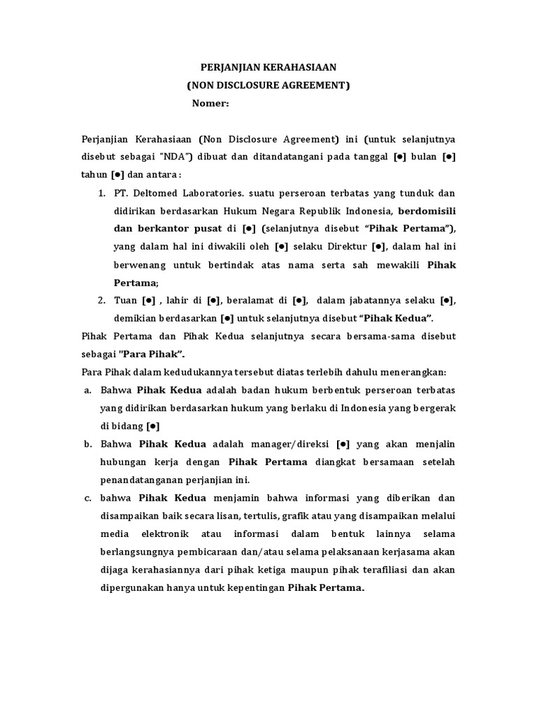 Perjanjian Kerahasiaan Contoh NDA Non Mutual.