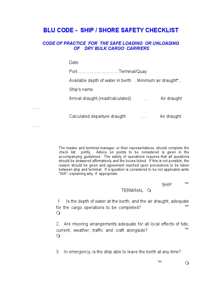 BLU CODE Checklist | Ships | Watercraft