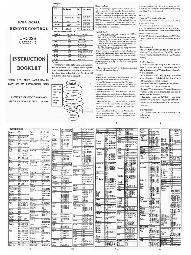 URC22B URC22C15 Universal Remote Controller Instruction Booklet PDF