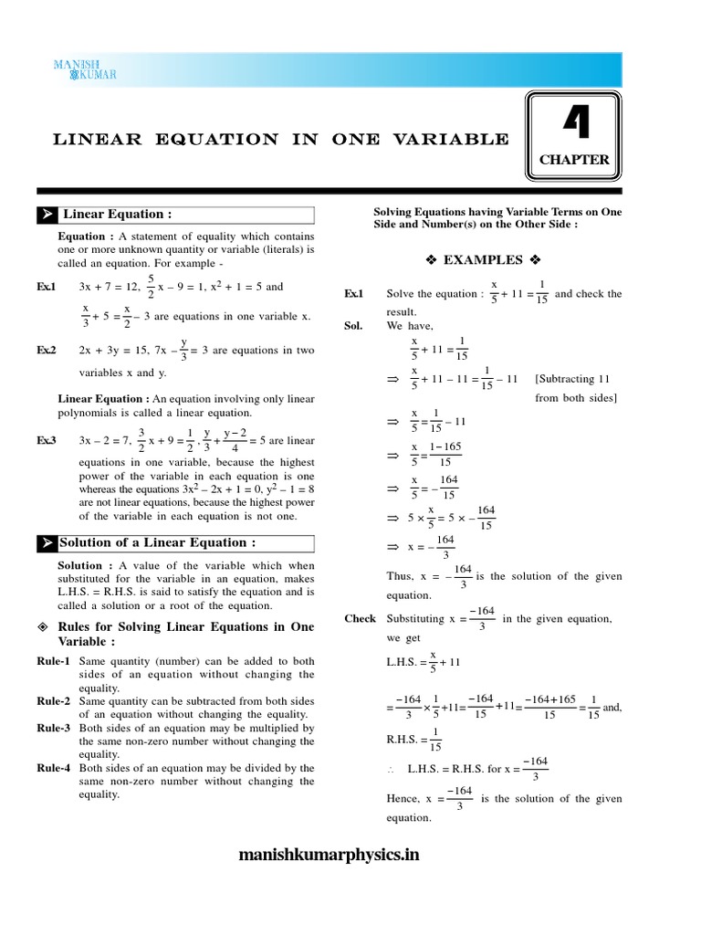 Linear Equation in One Variable | PDF | Equations | Variable (Mathematics)