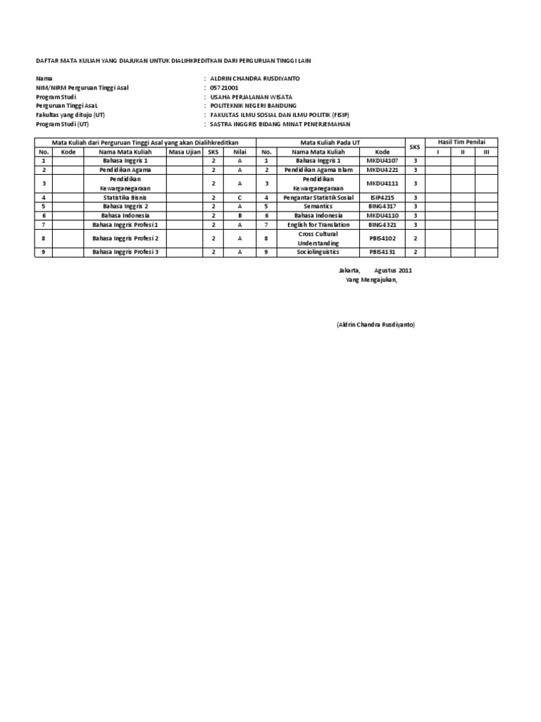 Alih Kredit UT Contoh 1 | PDF