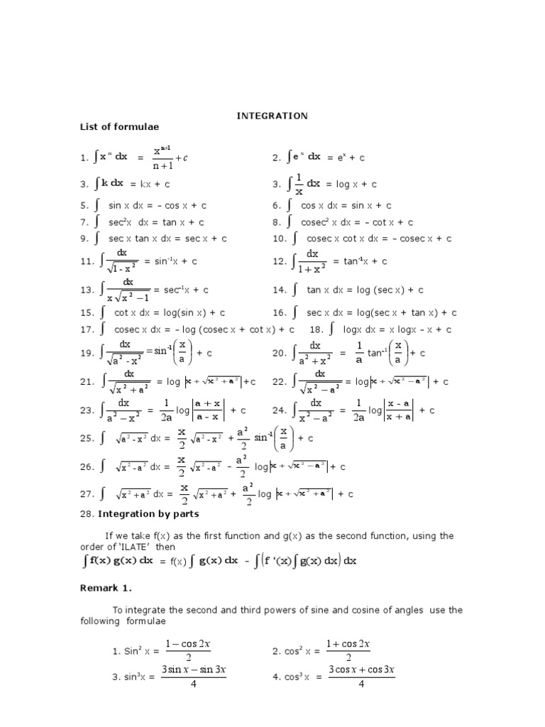 Essential Integration Formulas List | PDF | Trigonometric Functions ...