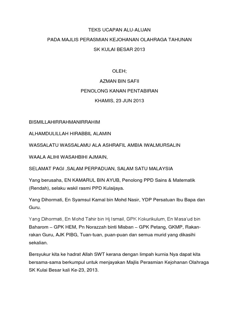 Teks Ucapan Alu Aluan Pdf