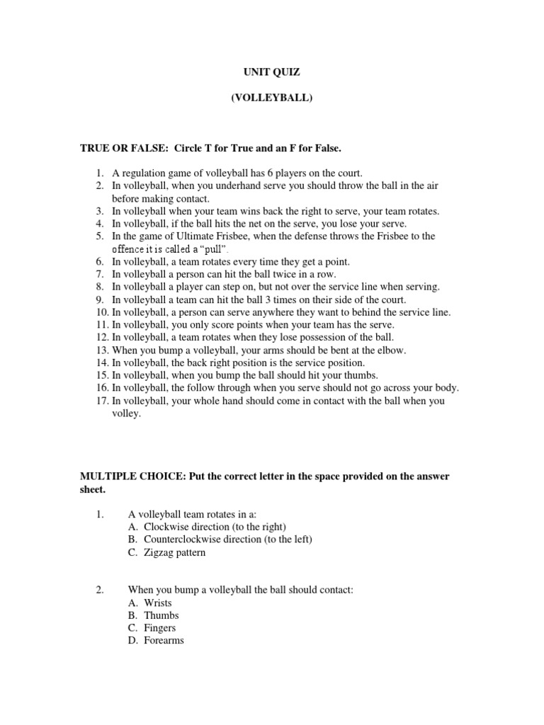 Volleyball Quiz PDF Volleyball Sports Equipment