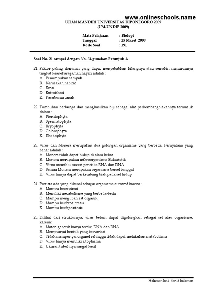 Soal Um Undip 2009 Biologi Kode Soal 191