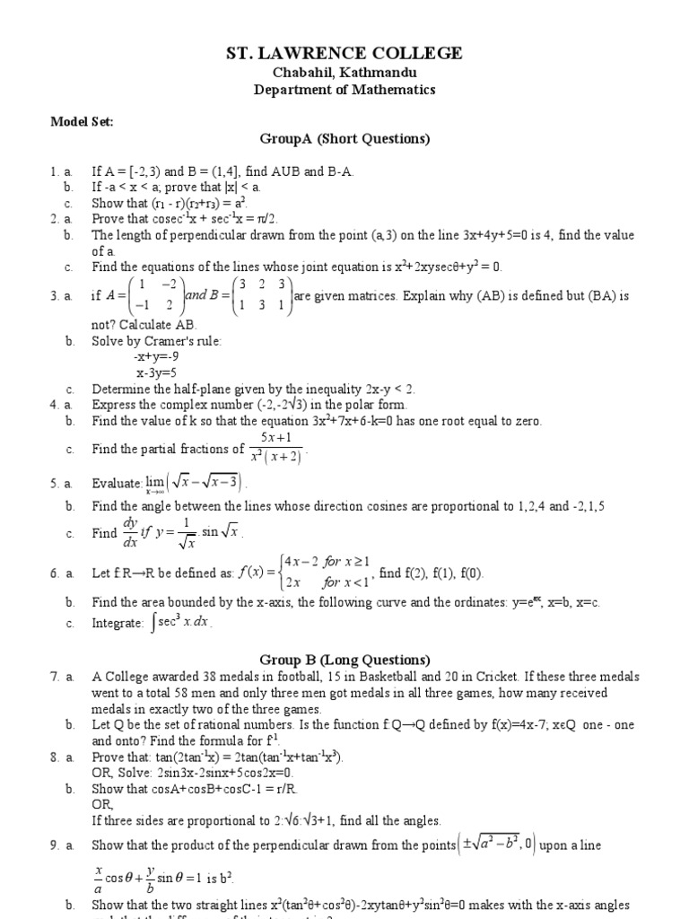 Mathematics Model Set for St. Lawrence College | PDF | Sine ...