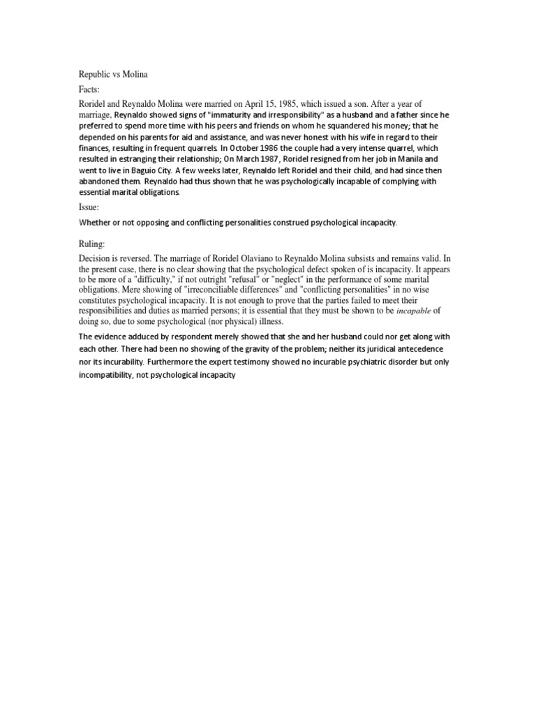 Republic v. Molina: Psychological Incapacity | PDF
