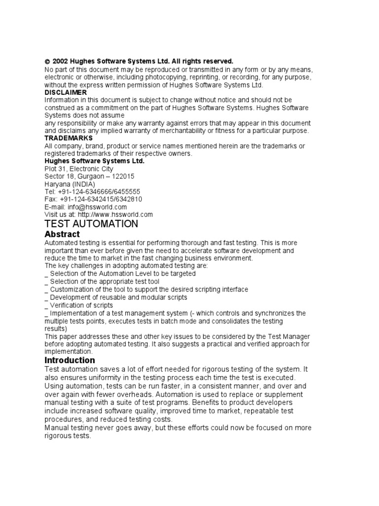 Test Automation: 2002 Hughes Software Systems Ltd. All Rights Reserved ...