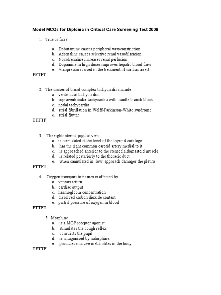Critical Care Model MCQs PDF Heart Vein
