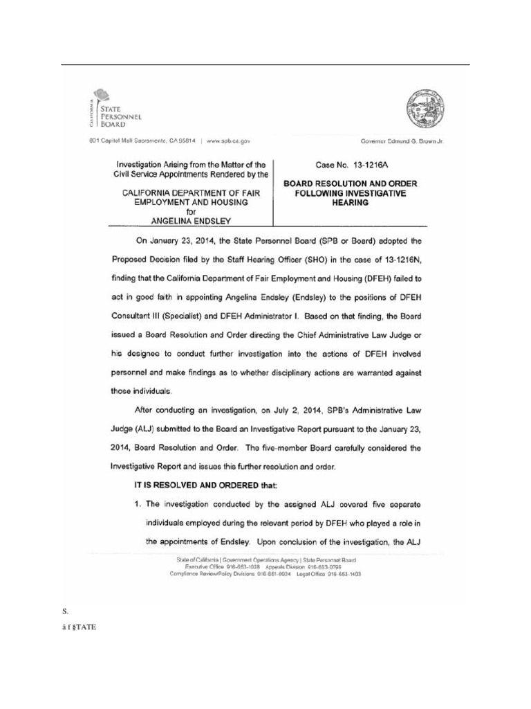 State Personnel Board Resolution and Order Following Investigative