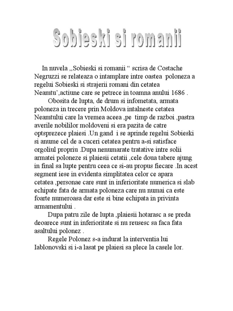 Sobieski si romanii-rezumat