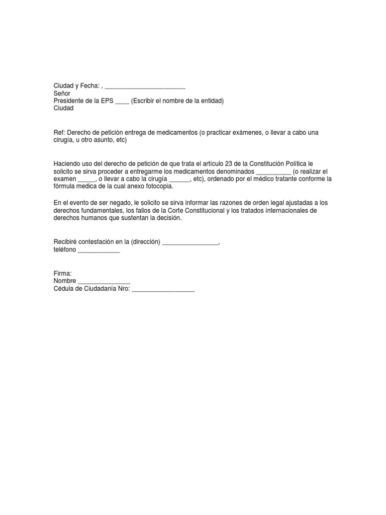 Modelo de derecho de petición en salud word