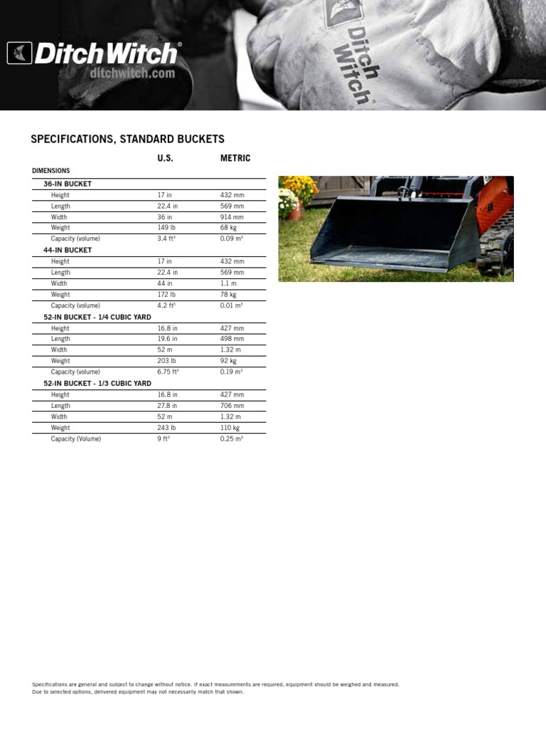Bucket Specifications Guide | PDF | Pound (Mass) | Volume