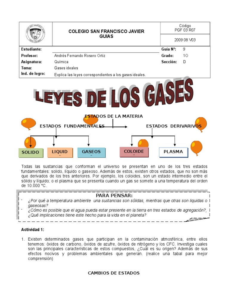 Hoja De Trabajo Práctica Sobre La Ley De Los Gases Ideales Ejercicios