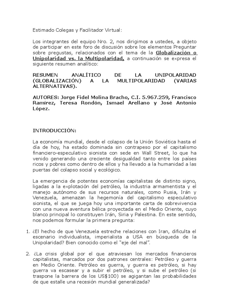 Unipolaridad (Globalizaciòn) y Multipolaridad (Varias Alternativas ...