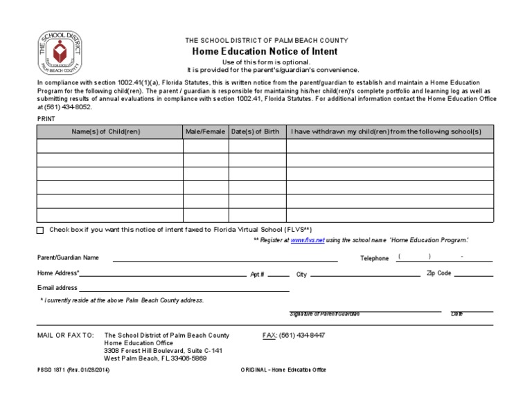 Palm Beach County Homeschool Intent Form | PDF | Social Science