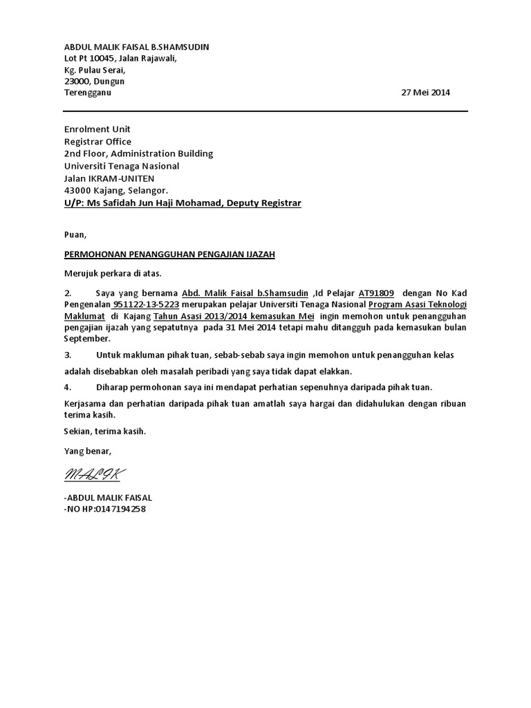 Contoh Surat Menghentikan Pengajian