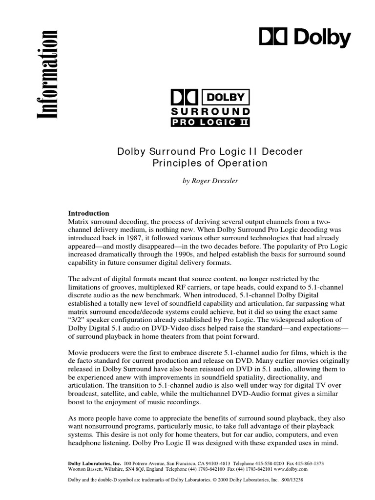Dolby Surround Pro Logic Operation PDF Sound Recording And