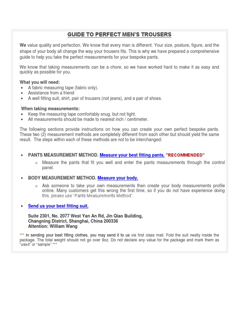 Men's Trouser Measurement Guide | PDF