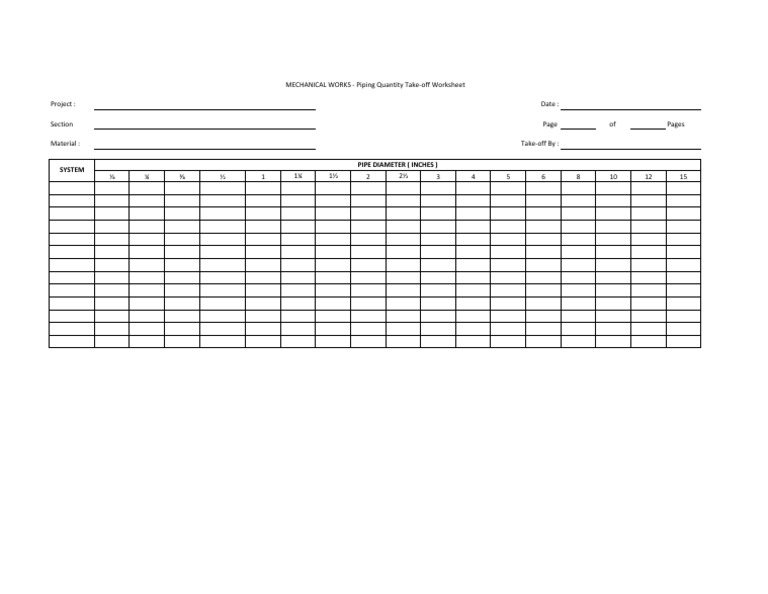 MECHANICAL WORKS - Piping Quantity Take-Off Worksheet: Pipe Diameter ...
