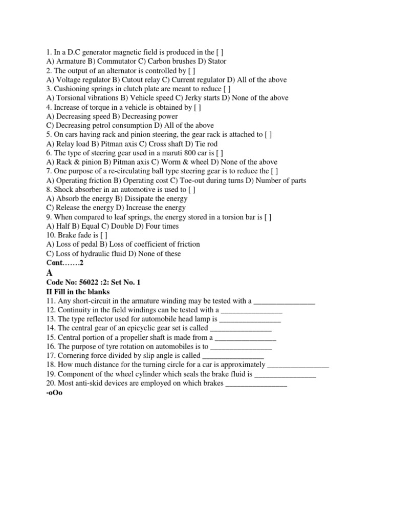 Automotive Engineering Quiz Questions | PDF