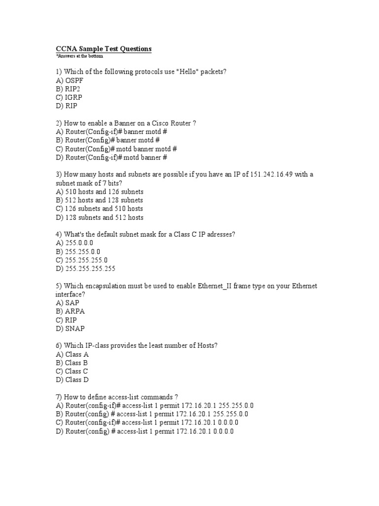 CCNA Sample Test Questions: Answers at The Bottom | PDF ...