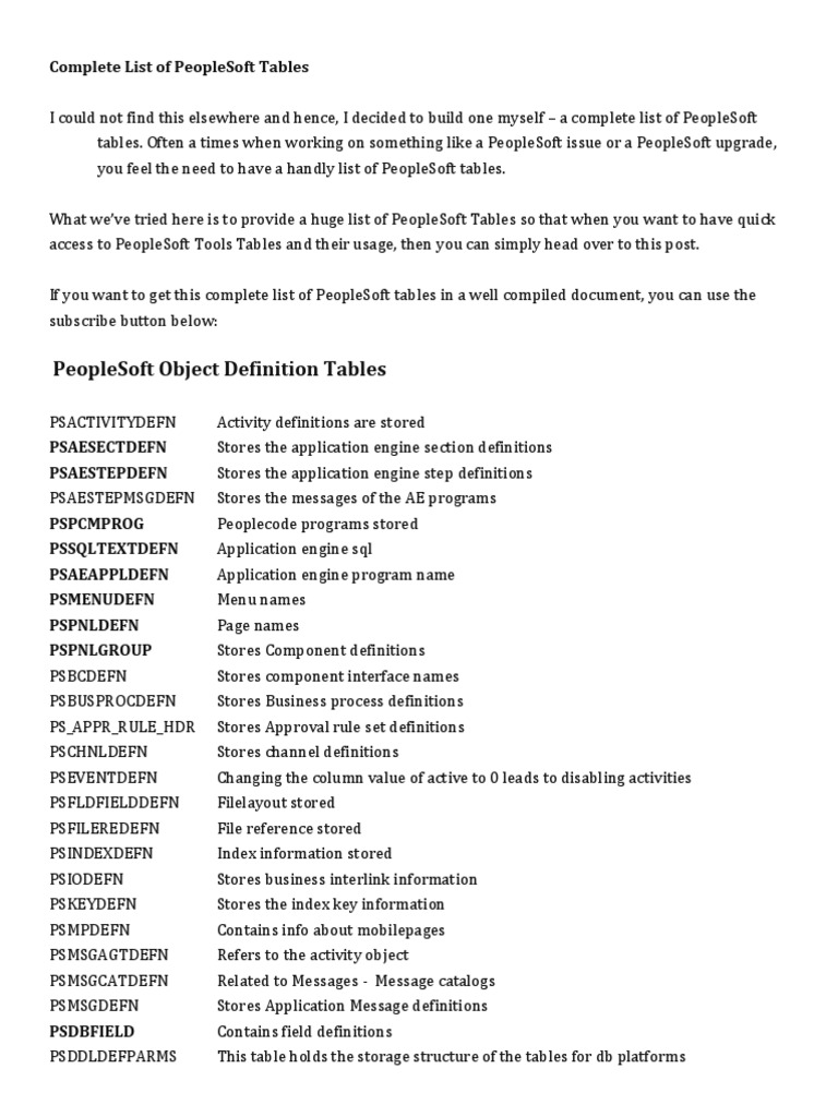 Complete List of PeopleSoft Tables Table (Database) Sql