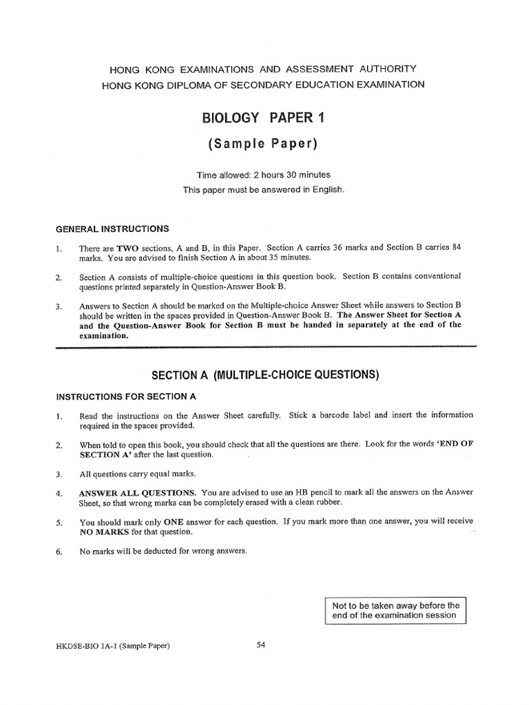 HKDSE BIOLOGY PRACTICE PAPER intelligence overview