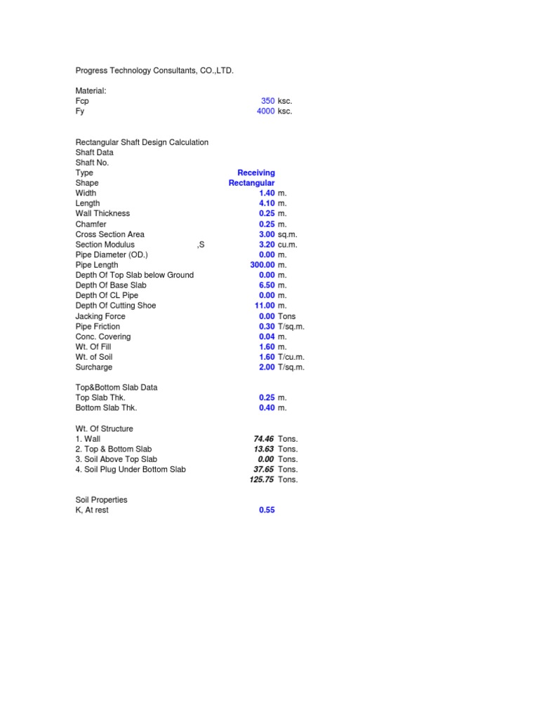 Rectangular Shaft Design Calculation Soil and Structural Properties