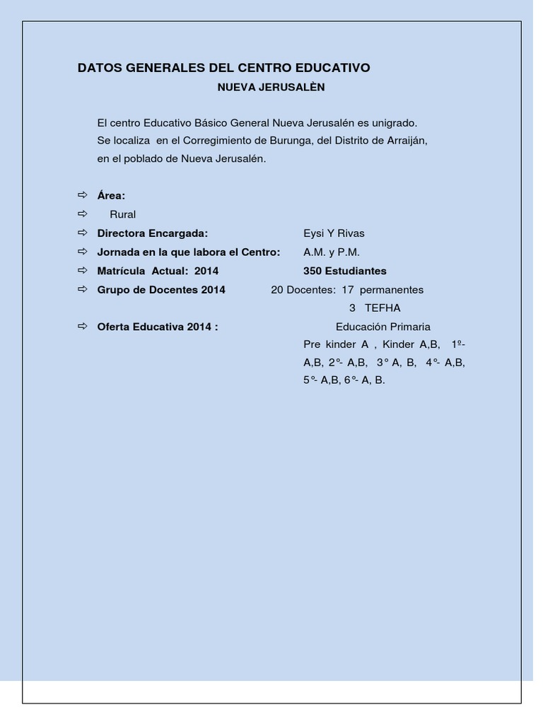 datos generales del centro educativo Jardín