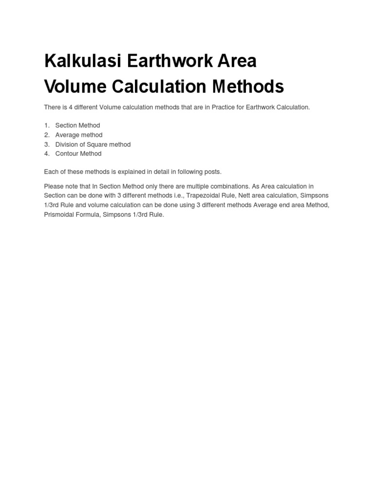 Kalkulasi Earthwork Area Volume Calculation Methods | PDF